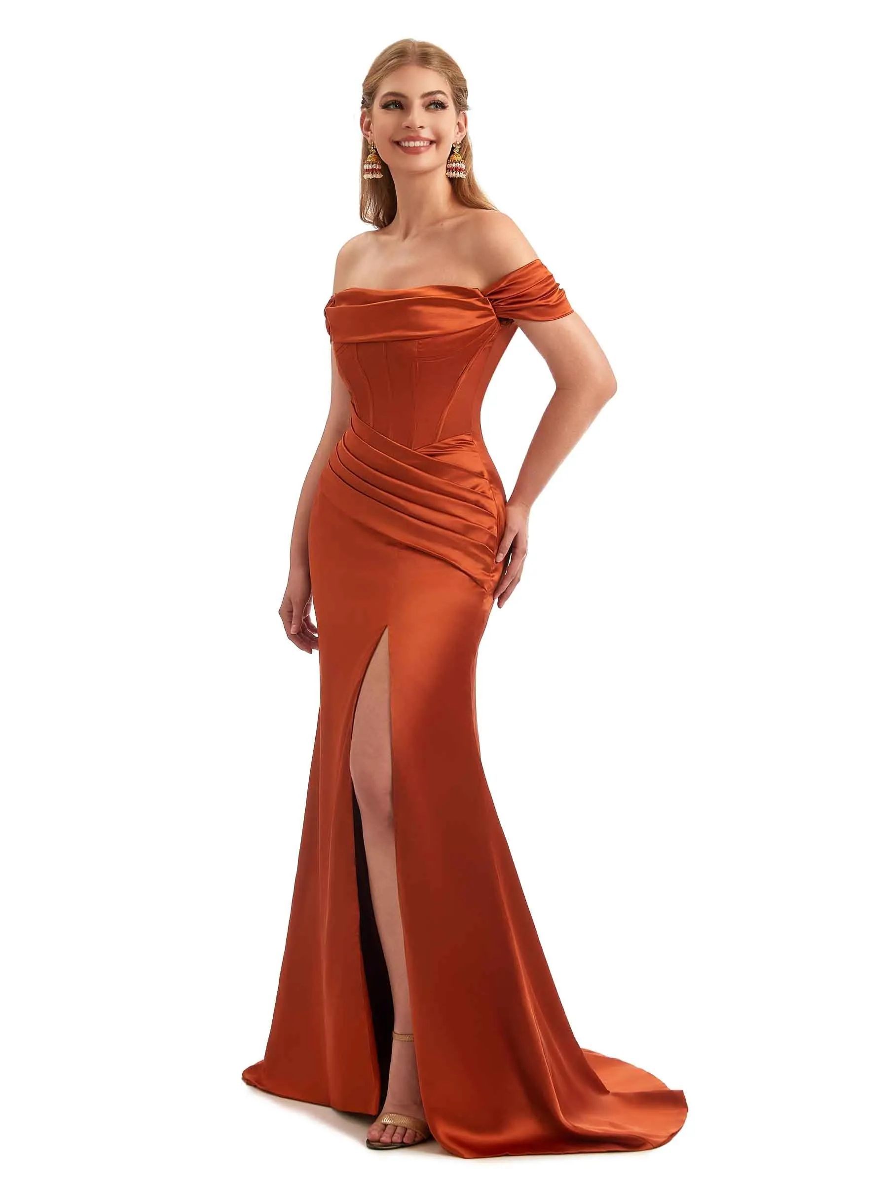 Off-Shoulder Corset Boho Floor-Length Satin Bridesmaid Dress sold by ChicSew product image thumbnail 3