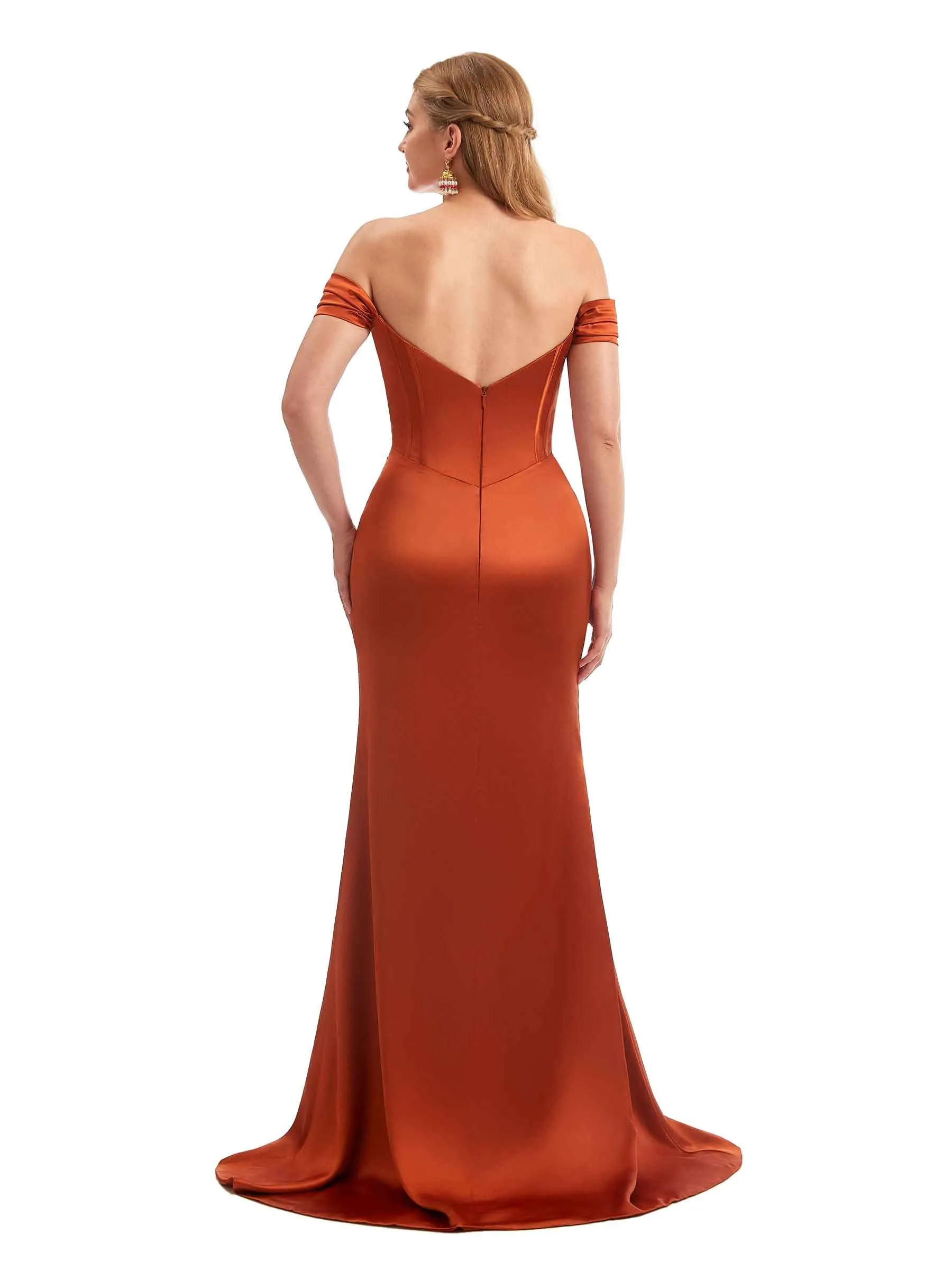 Off-Shoulder Corset Boho Floor-Length Satin Bridesmaid Dress sold by ChicSew product image thumbnail 4