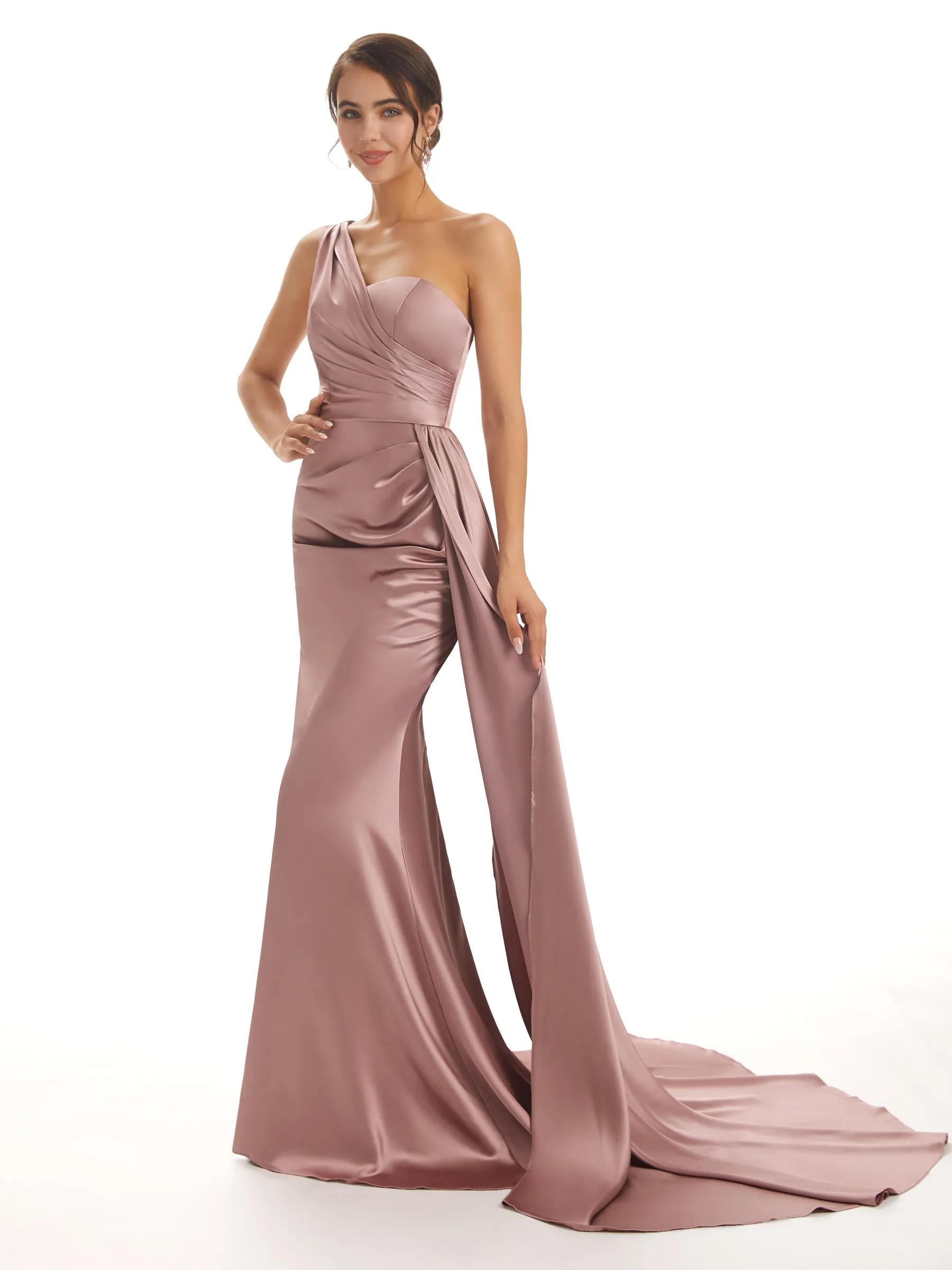 Winter One Shoulder Satin Long Bridesmaid Dresses sold by ChicSew product image thumbnail 4