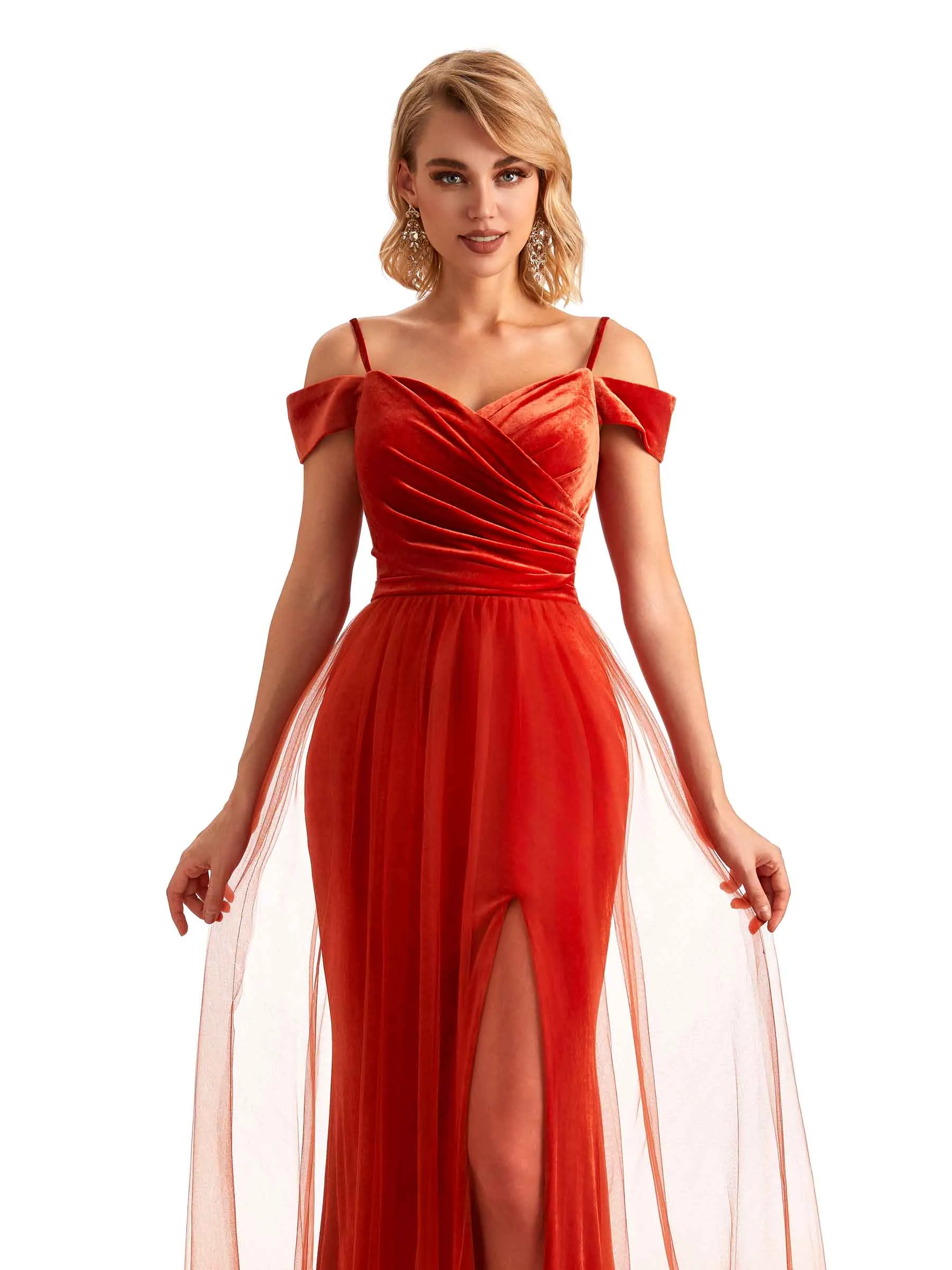 Winter Cold Shoulder Tulle Velvet Bridesmaid Dresses sold by ChicSew product image thumbnail 2