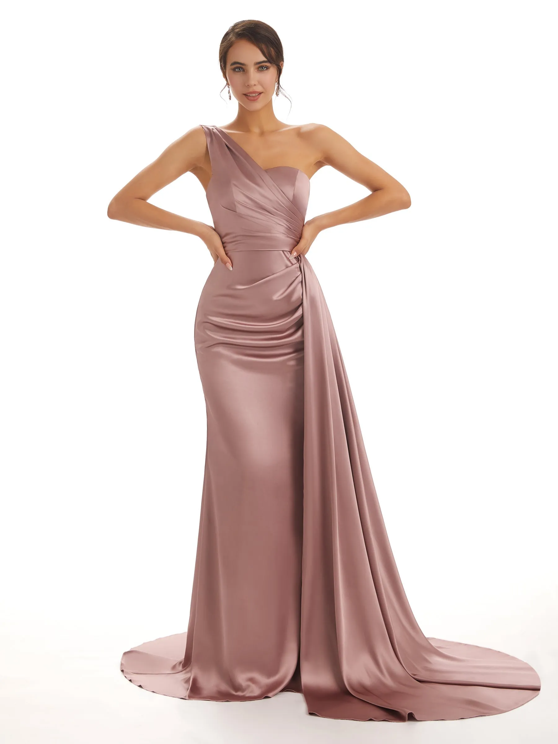 Summer One Shoulder Satin Long Bridesmaid Dresses sold by ChicSew