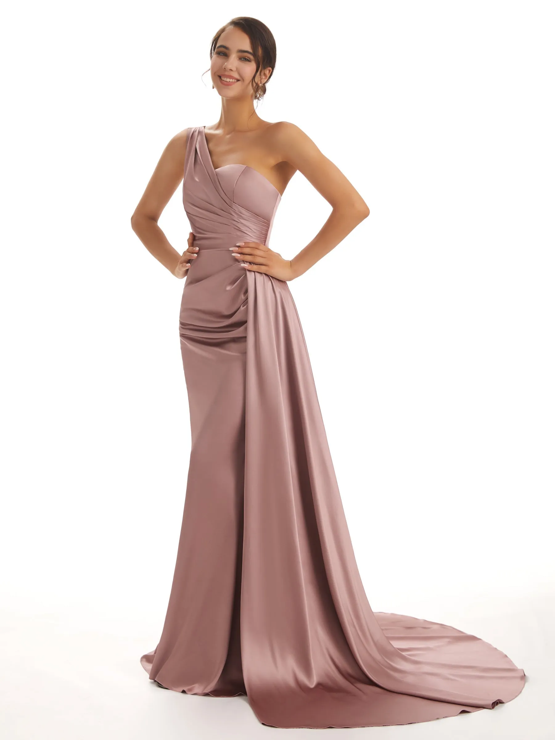Summer One Shoulder Satin Long Bridesmaid Dresses sold by ChicSew product image thumbnail 5
