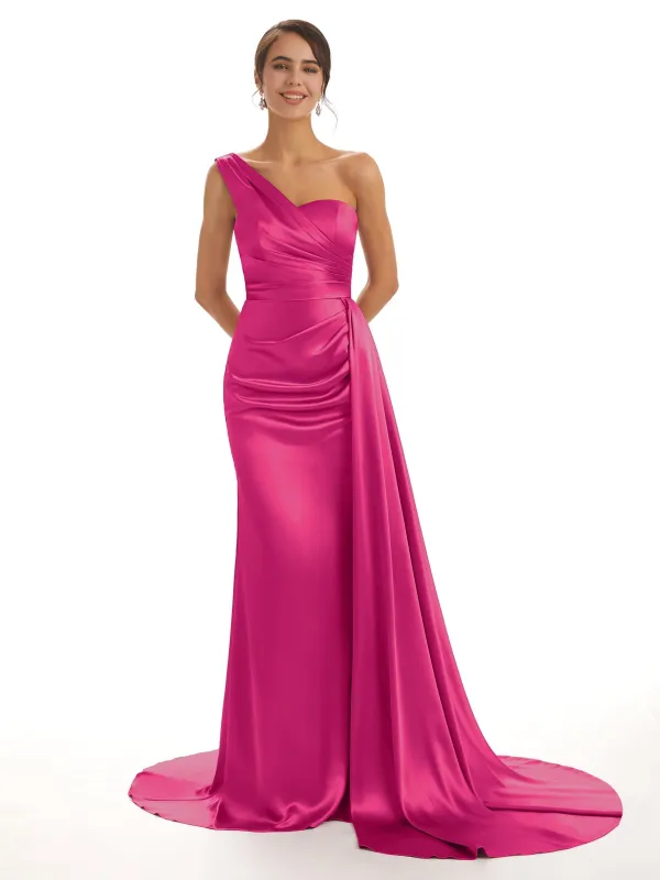 Spring One Shoulder Satin Long Bridesmaid Dresses sold by ChicSew
