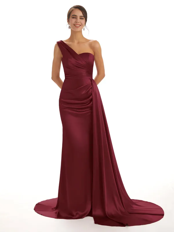 Fall One Shoulder Satin Long Bridesmaid Dresses sold by ChicSew