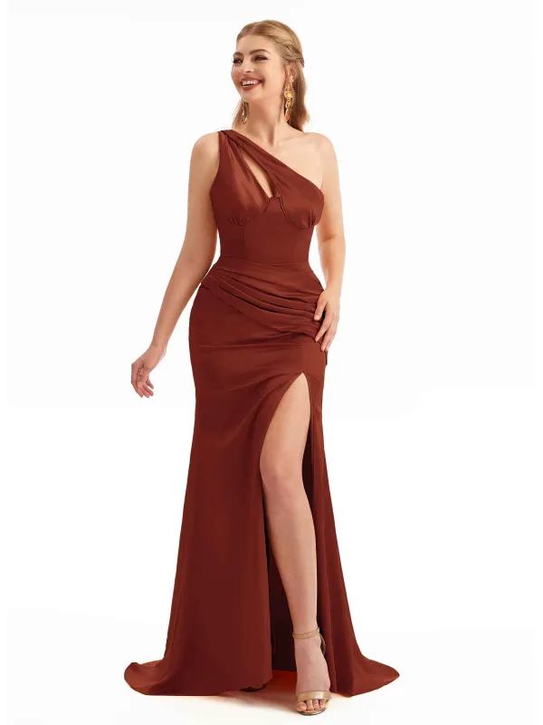 Fall One-Shoulder Satin Silky Bridesmaid Dresses sold by ChicSew