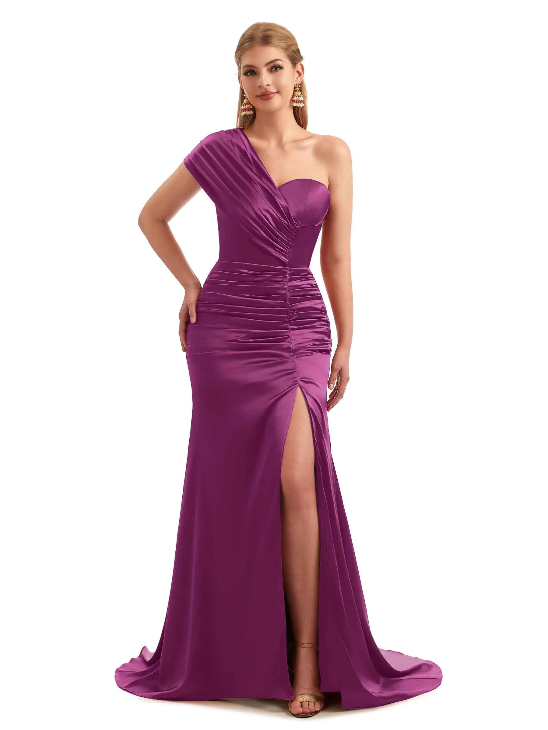 Elegant Fall Long One-Shoulder Satin Bridesmaid Dresses sold by ChicSew