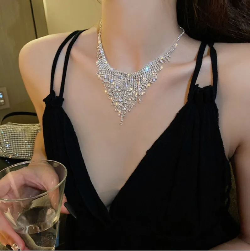 Flash Diamond Tassel Necklace Luxury Dress Accessories Dinner Clavicle Necklace CN14 sold by ChicSew