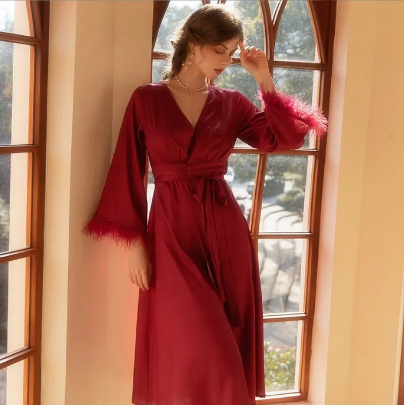 Morning Gown Feather Robe Wedding Bridesmaid Satin Robes for Wedding Party CN41 sold by ChicSew