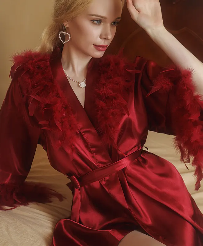 Morning Gown Feather Robe Wedding Bridesmaid Satin Robes for Wedding Party CN40 sold by ChicSew