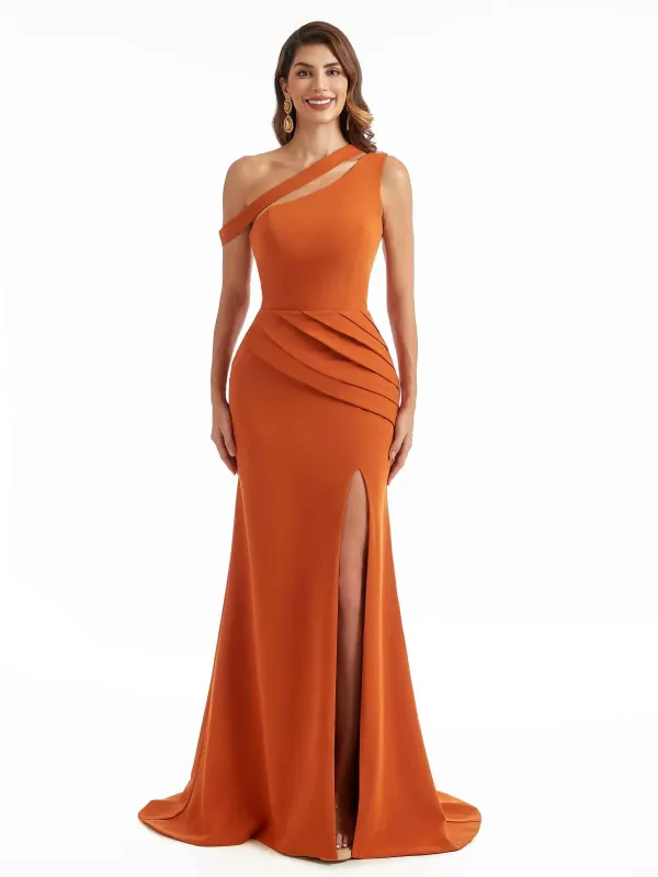 Sexy Split One Shoulder Mermaid Stretchy Crepe Long Bridesmaid Dresses sold by ChicSew
