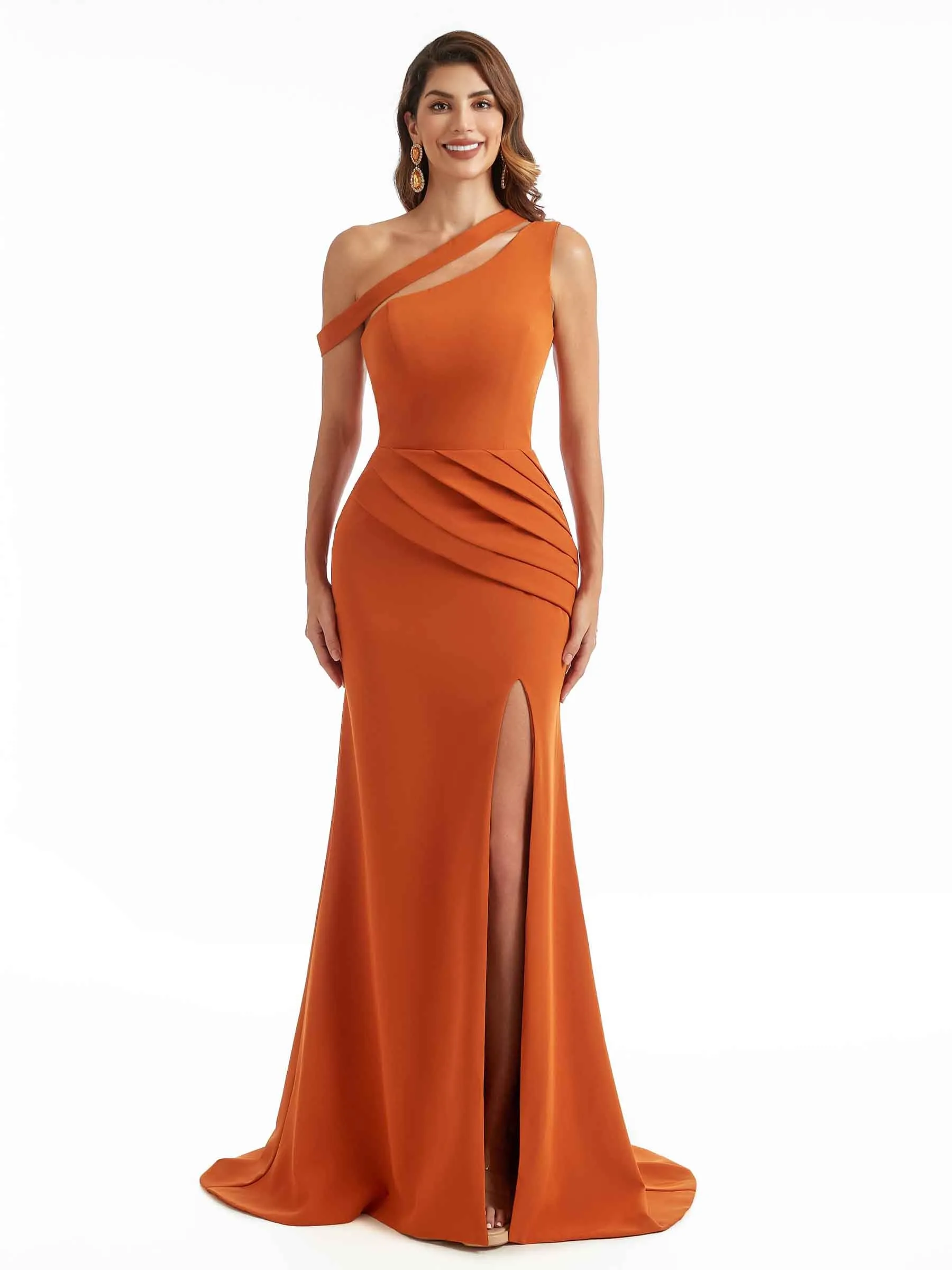 Sexy Split One Shoulder Mermaid Stretchy Crepe Long Bridesmaid Dresses sold by ChicSew
