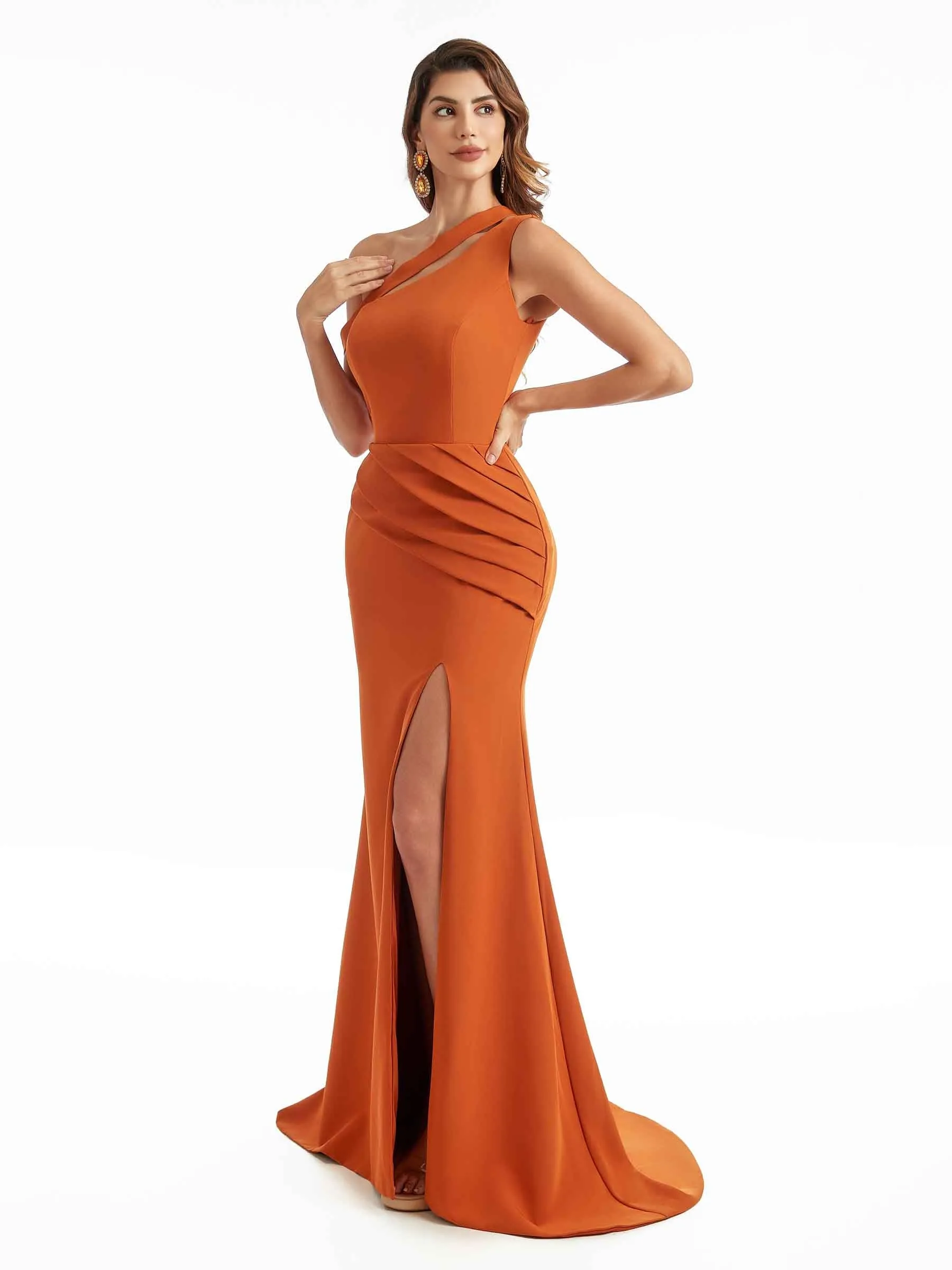 Sexy Split One Shoulder Mermaid Stretchy Crepe Long Bridesmaid Dresses sold by ChicSew product image thumbnail 4