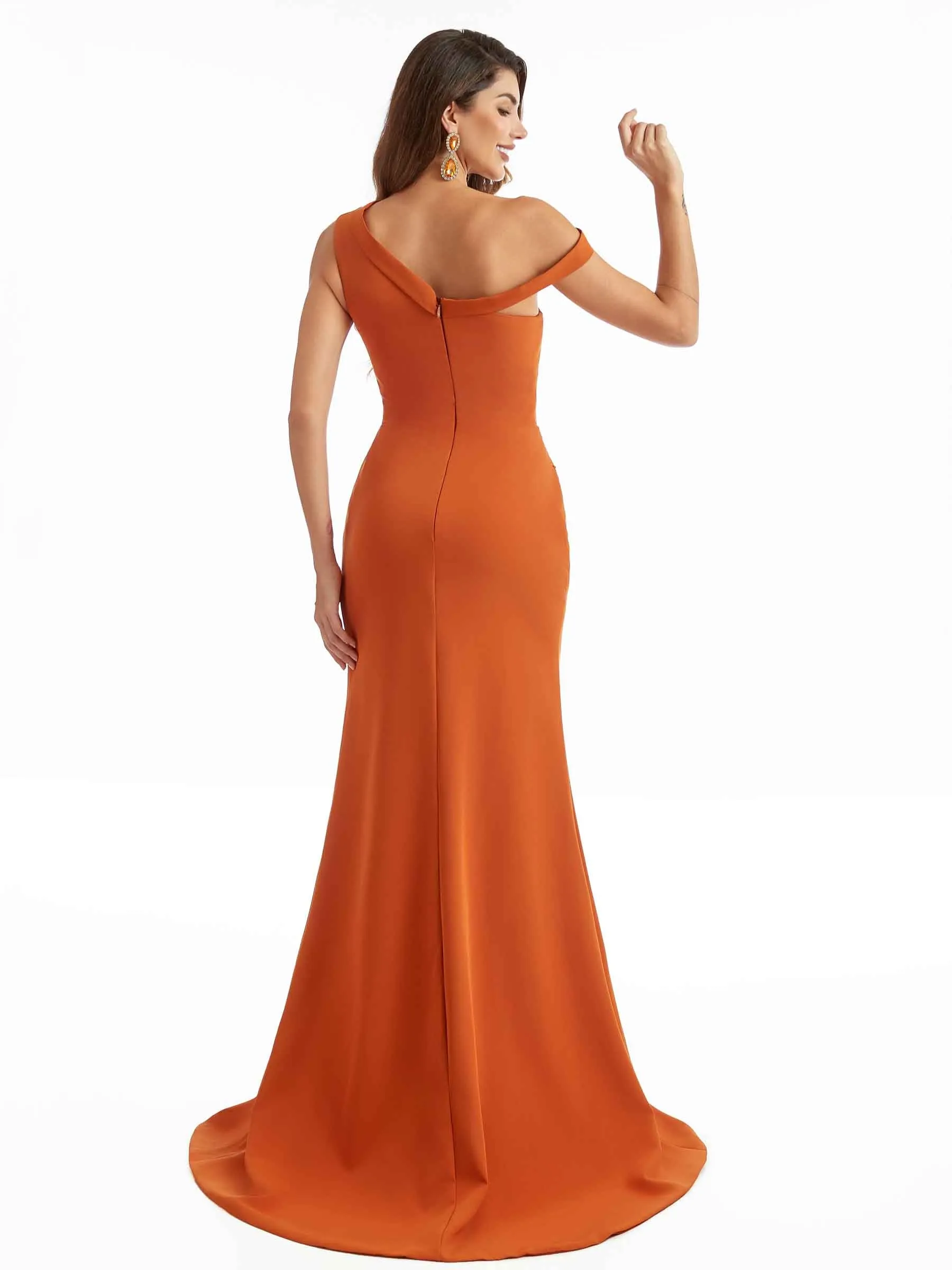 Sexy Split One Shoulder Mermaid Stretchy Crepe Long Bridesmaid Dresses sold by ChicSew product image thumbnail 3
