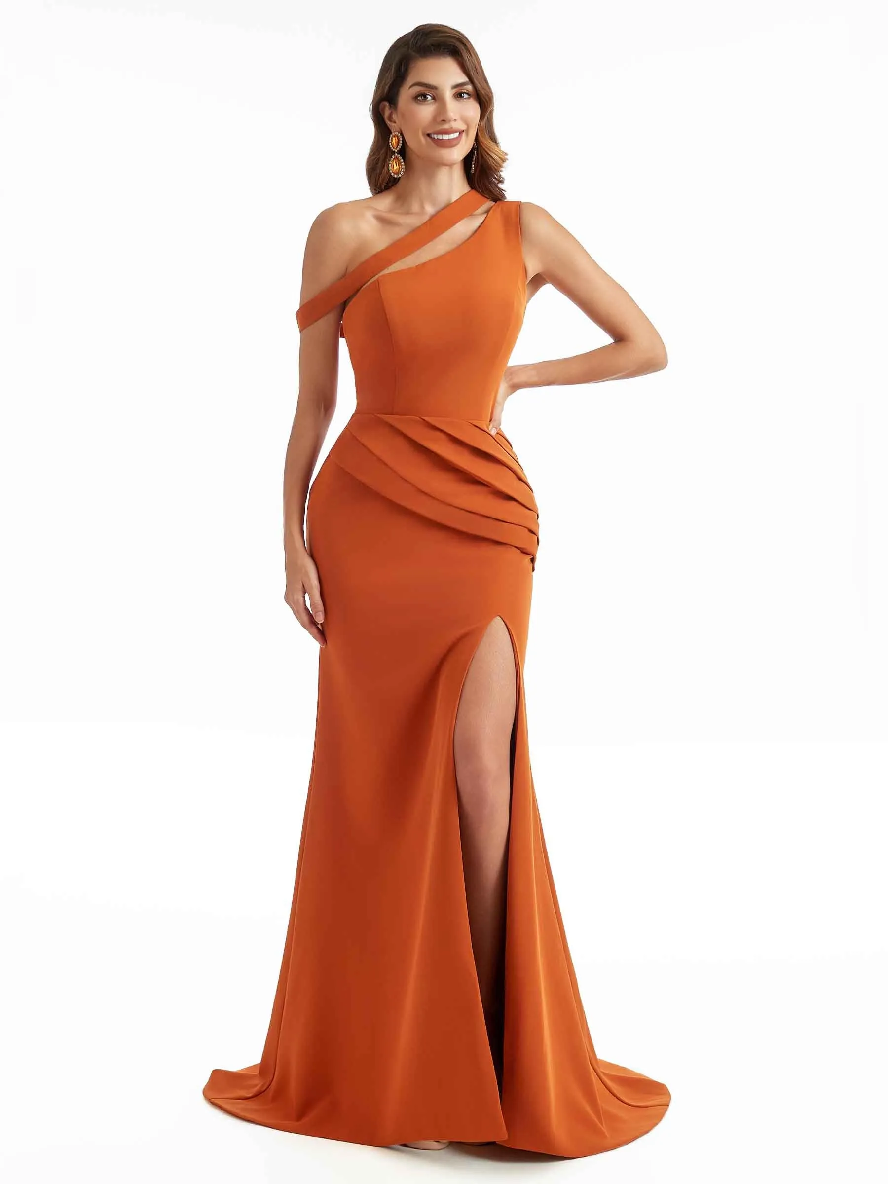 Sexy Split One Shoulder Mermaid Stretchy Crepe Long Bridesmaid Dresses sold by ChicSew product image thumbnail 5