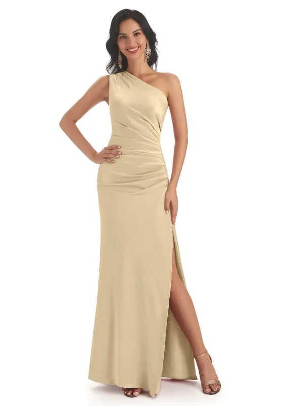 Side Slit Champagne Mermaid Satin Maxi Bridesmaid Dresses sold by ChicSew