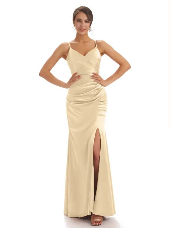 Spaghetti Straps Champagne Satin Pleats Long Bridesmaid Dresses sold by ChicSew