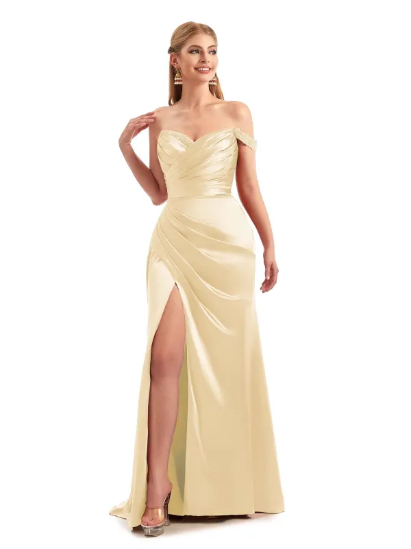 Long Champagne Lace Strap Mermaid Satin Bridesmaid Dresses sold by ChicSew