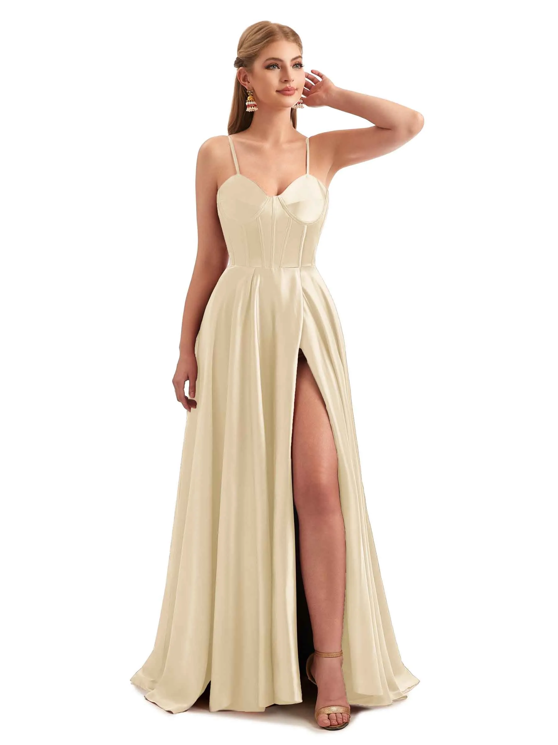 Champagne A-Line Formal Satin Long Bridesmaid Dresses sold by ChicSew