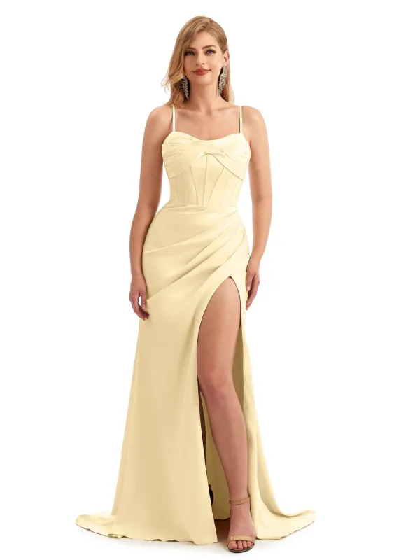Stretch Satin Spaghetti Straps Champagne Bridesmaid Dresses sold by ChicSew