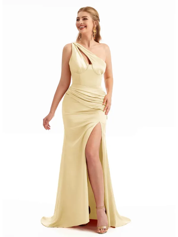Champagne One-Shoulder Satin Silky Bridesmaid Dresses sold by ChicSew