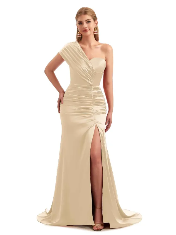 Elegant Champagne Long One-Shoulder Satin Bridesmaid Dresses sold by ChicSew