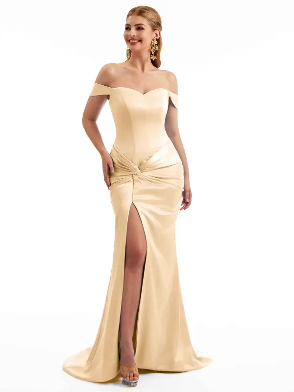 Champagne Off The Shoulder Stretchy Satin Bridesmaid Dresses sold by ChicSew