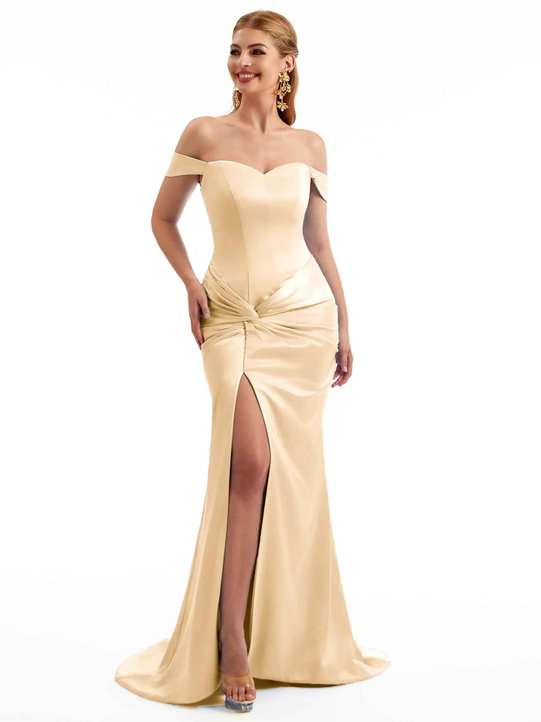 Champagne Off The Shoulder Stretchy Satin Bridesmaid Dresses sold by ChicSew