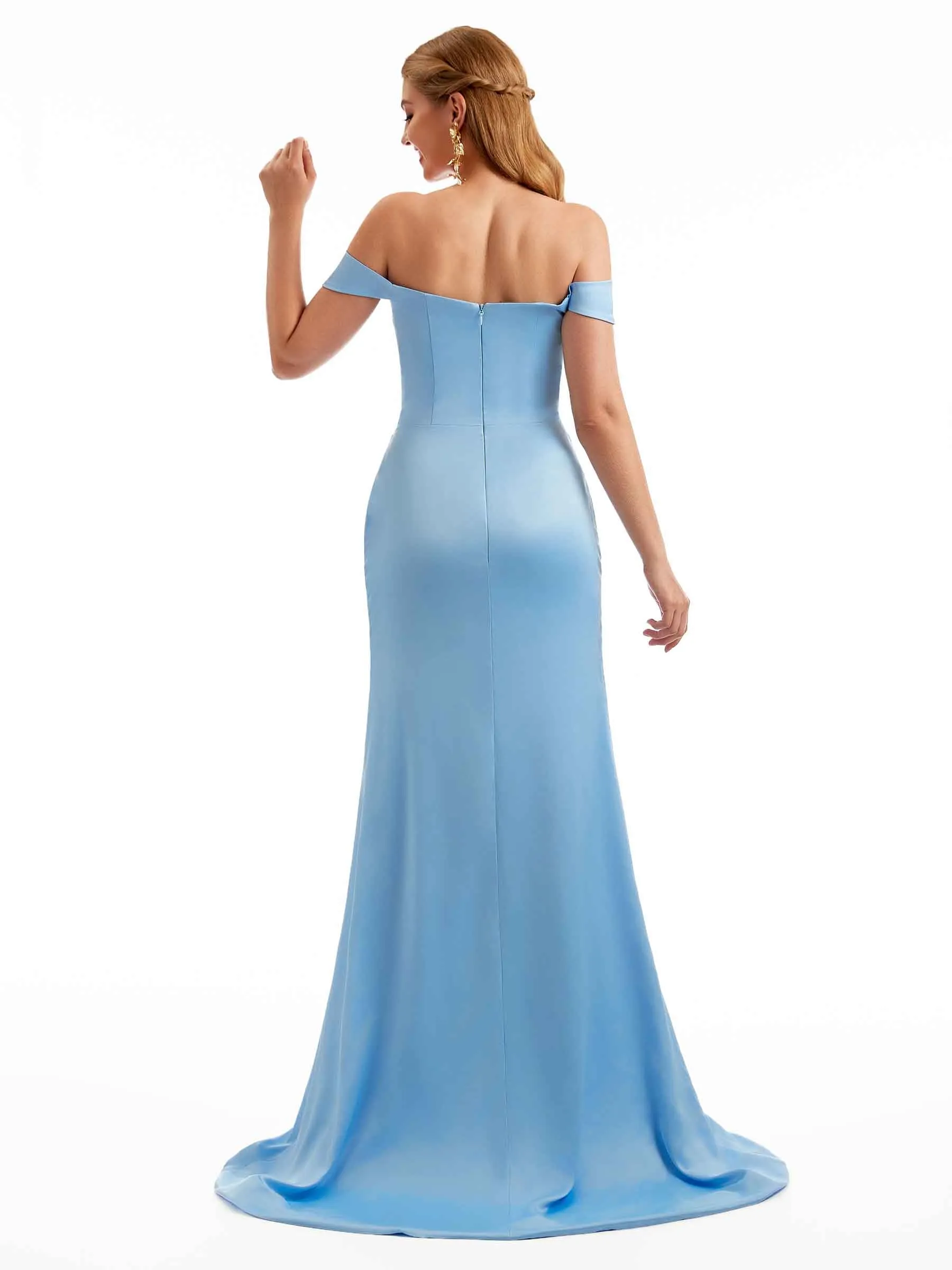 Champagne Off The Shoulder Stretchy Satin Bridesmaid Dresses sold by ChicSew product image thumbnail 3