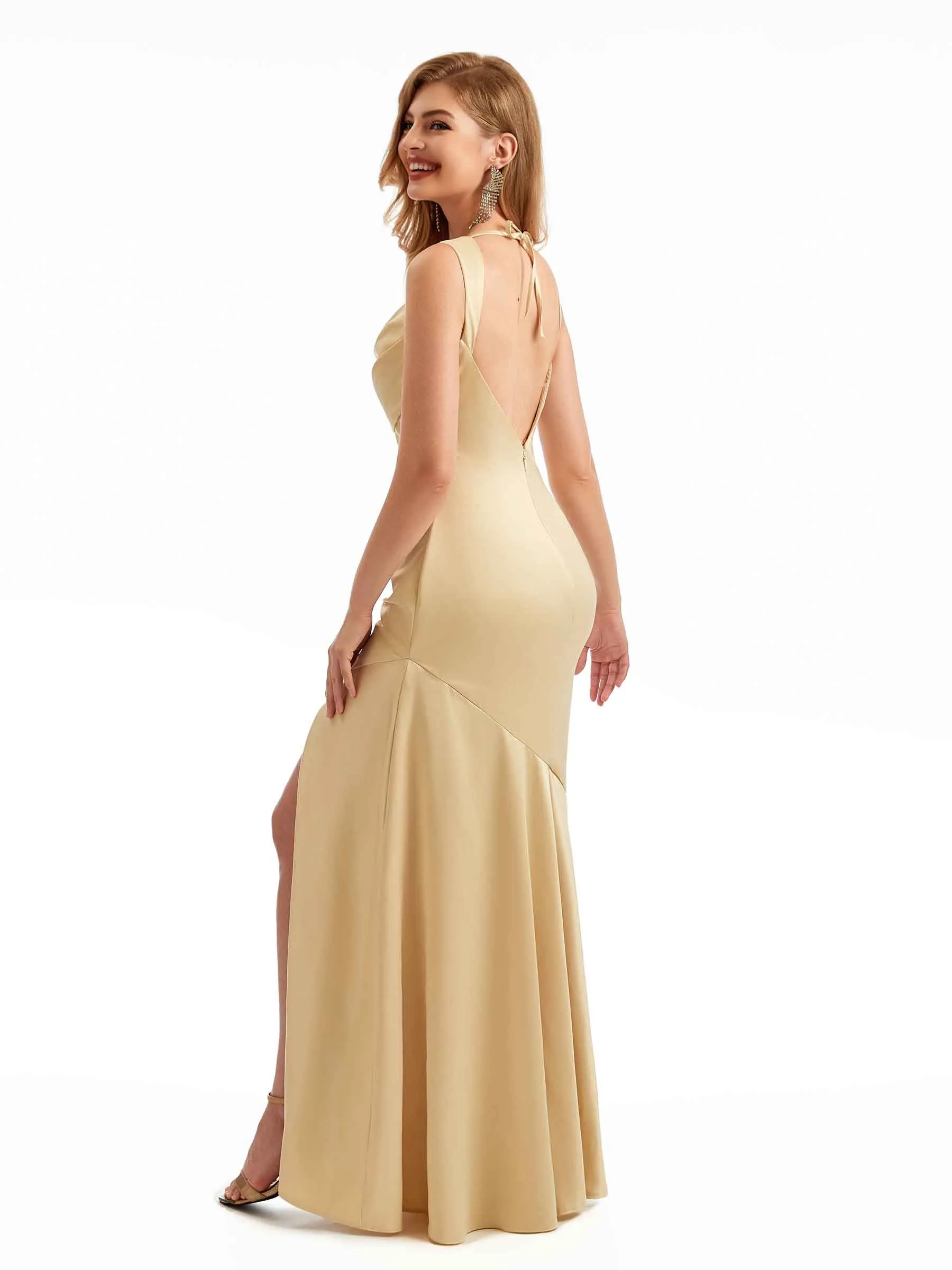 Side Slit Straps Champagne Satin Bridesmaid Dresses sold by ChicSew product image thumbnail 4