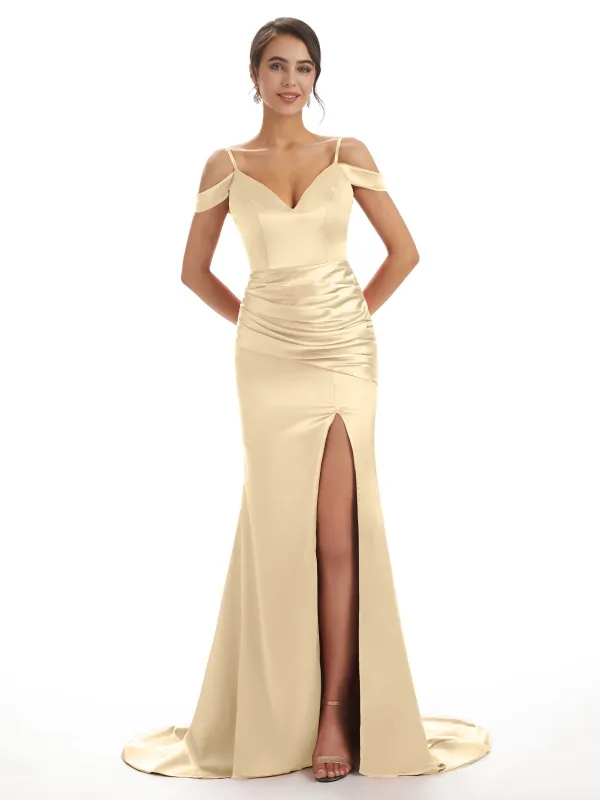 Champagne Off The Shoulder Satin Mermaid Bridesmaid Dresses sold by ChicSew