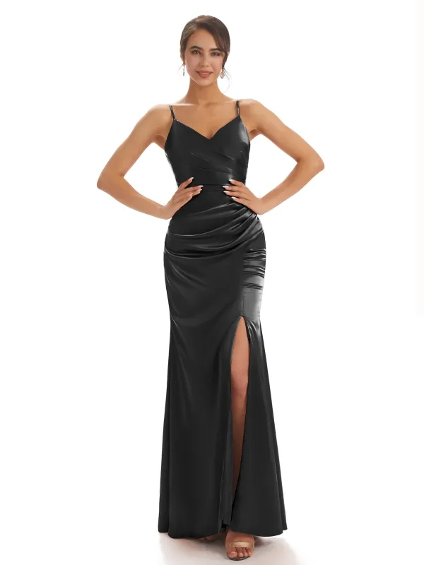 Spaghetti Straps Black Satin Pleats Long Bridesmaid Dresses sold by ChicSew