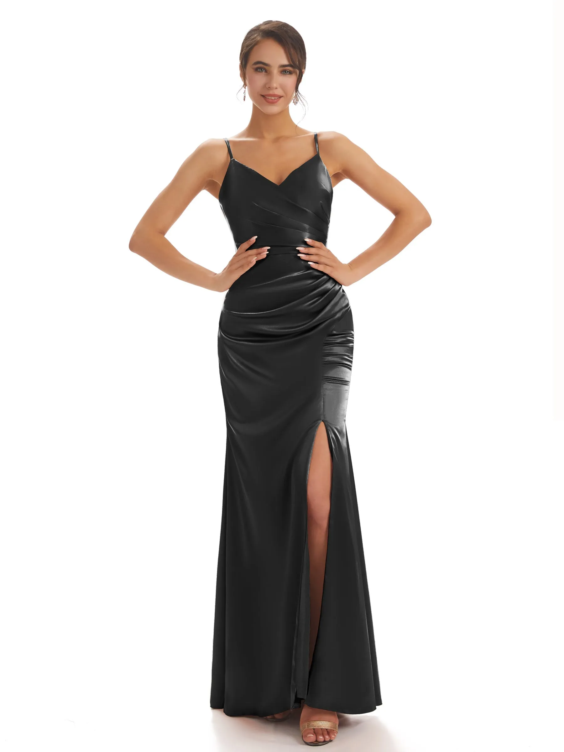 Spaghetti Straps Black Satin Pleats Long Bridesmaid Dresses sold by ChicSew