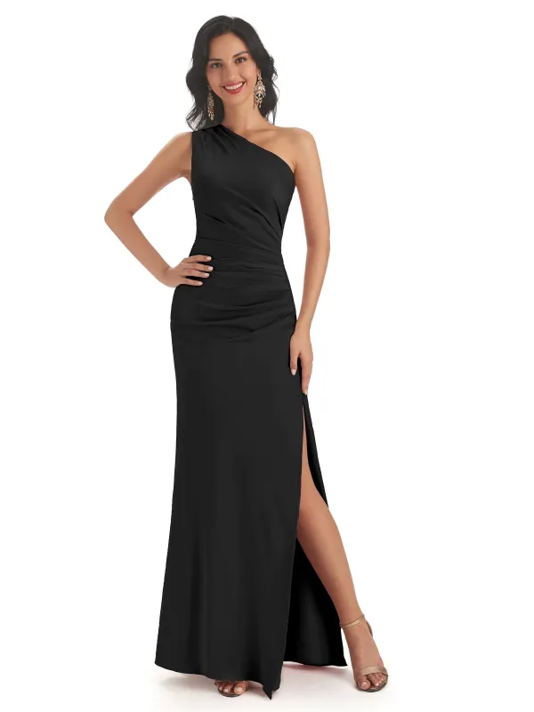 Side Slit Black Mermaid Satin Maxi Bridesmaid Dresses sold by ChicSew