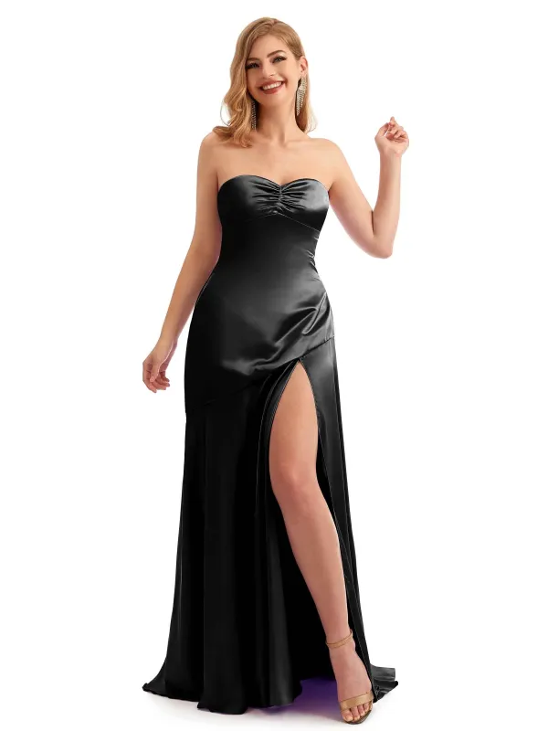 Black Simple Sweetheart Satin Long Bridesmaid Dresses sold by ChicSew