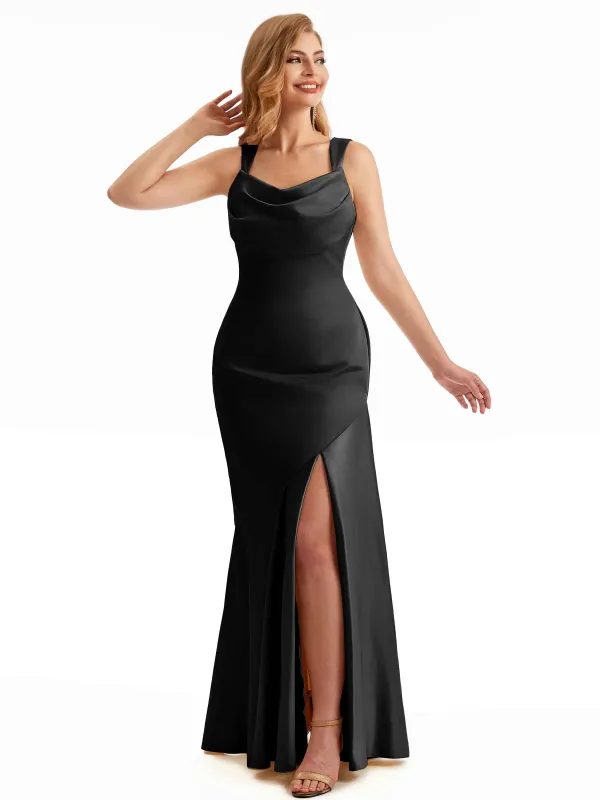 Side Slit Straps Black Satin Bridesmaid Dresses sold by ChicSew