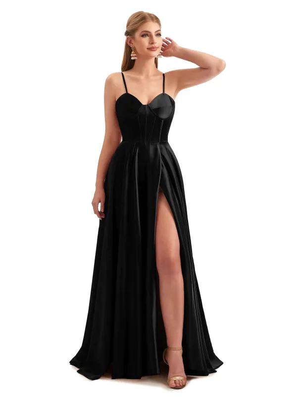 Black A-Line Formal Satin Long Bridesmaid Dresses sold by ChicSew