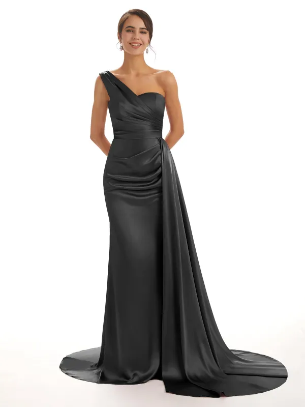 Black One Shoulder Satin Long Bridesmaid Dresses sold by ChicSew