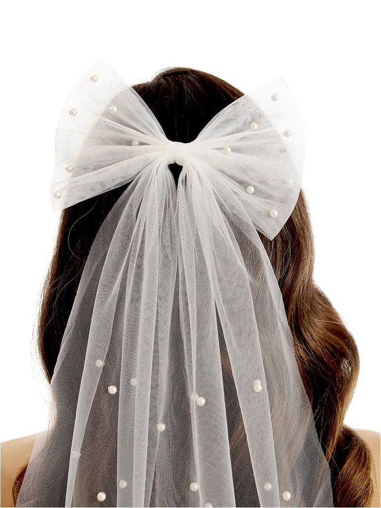 Elegant Simple Sweet Bow Tie Pearls Bridal Veil sold by ChicSew product image thumbnail 2