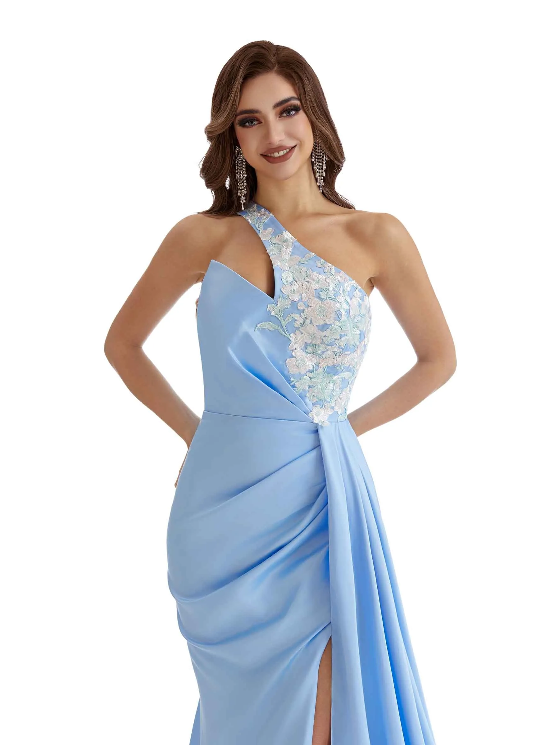 Sexy Side Split One Shoulder Appliques Long Satin Bridesmaid Dresses Online sold by ChicSew product image thumbnail 3