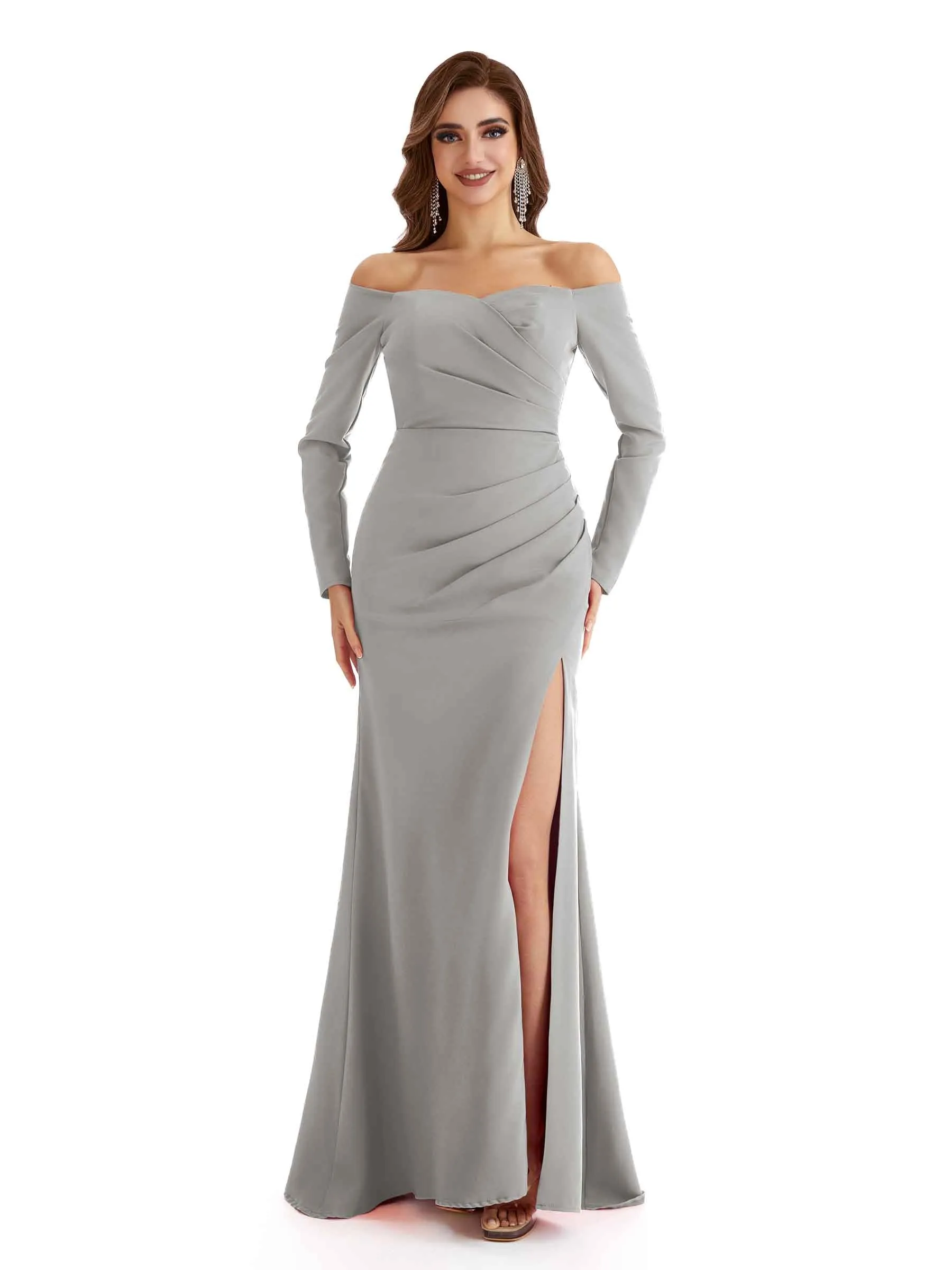 Sexy Off The Shoulder Long Sleeve Mermaid Side Split Stretchy Crepe Long Formal Bridesmaid Dresses sold by ChicSew