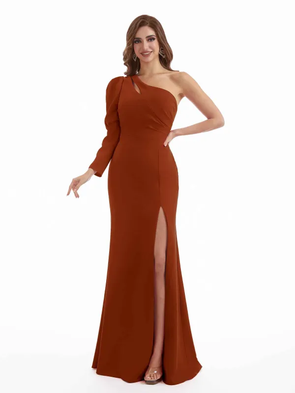Sexy Mermaid Side Split One Shoulder Long Sleeves Stretchy Crepe Long Formal Bridesmaid Dresses sold by ChicSew