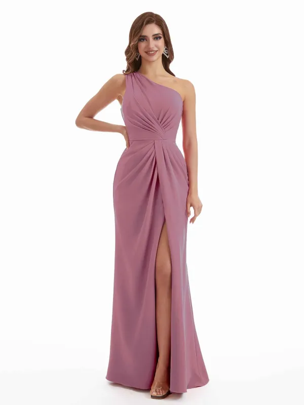 Sexy Side Split One Shoulder Stretchy Crepe Long Mermaid Bridesmaid Dresses sold by ChicSew