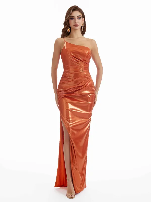 Sexy Mermaid One Shoulder Metallic Stretch Shiny Fabric Floor-Length Wedding Guest Dresses sold by ChicSew