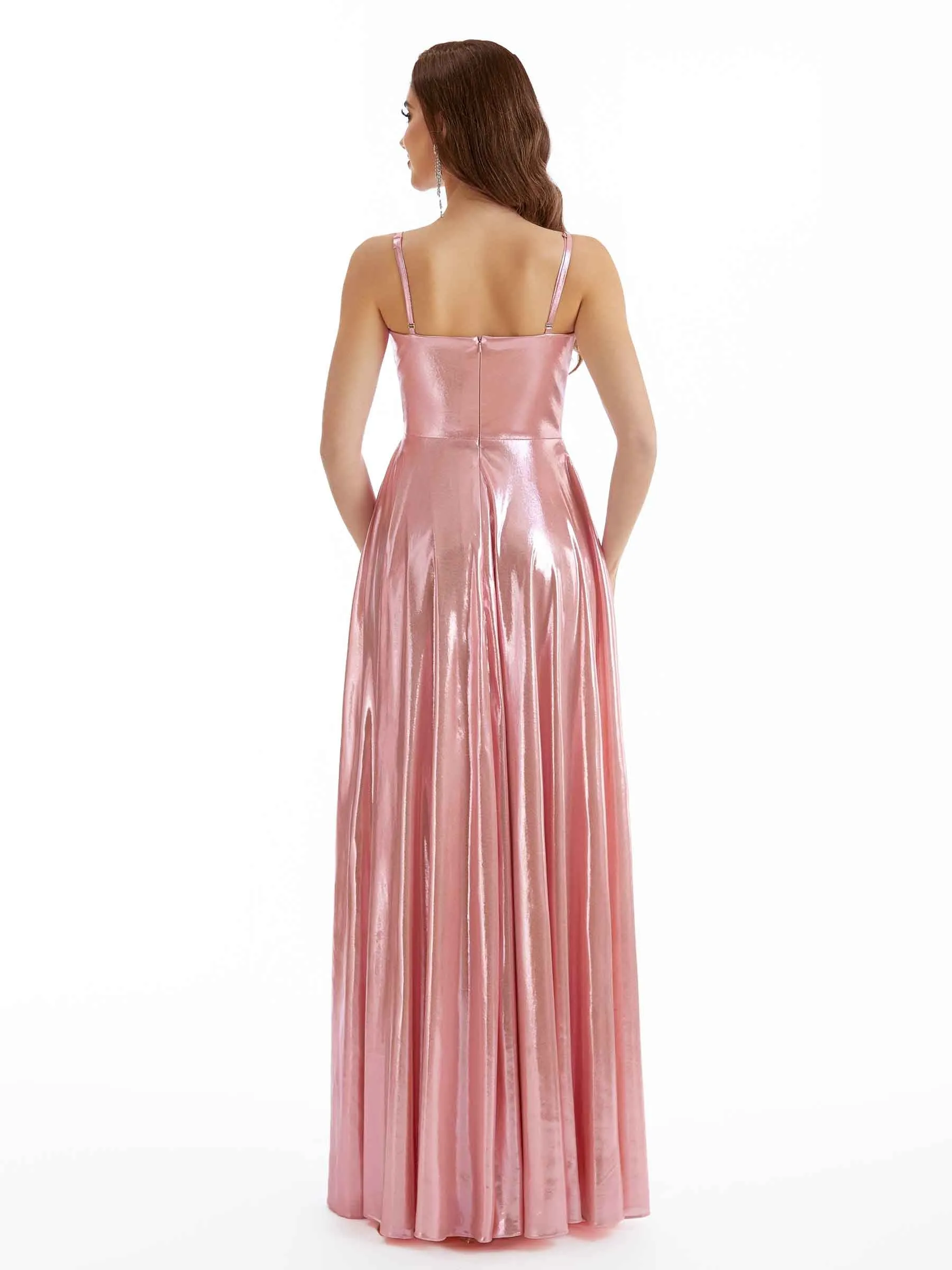 Sexy Mermaid Spaghetti V-Neck Metallic Stretch Shiny Fabric Long Wedding Guest Dresses sold by ChicSew product image thumbnail 4