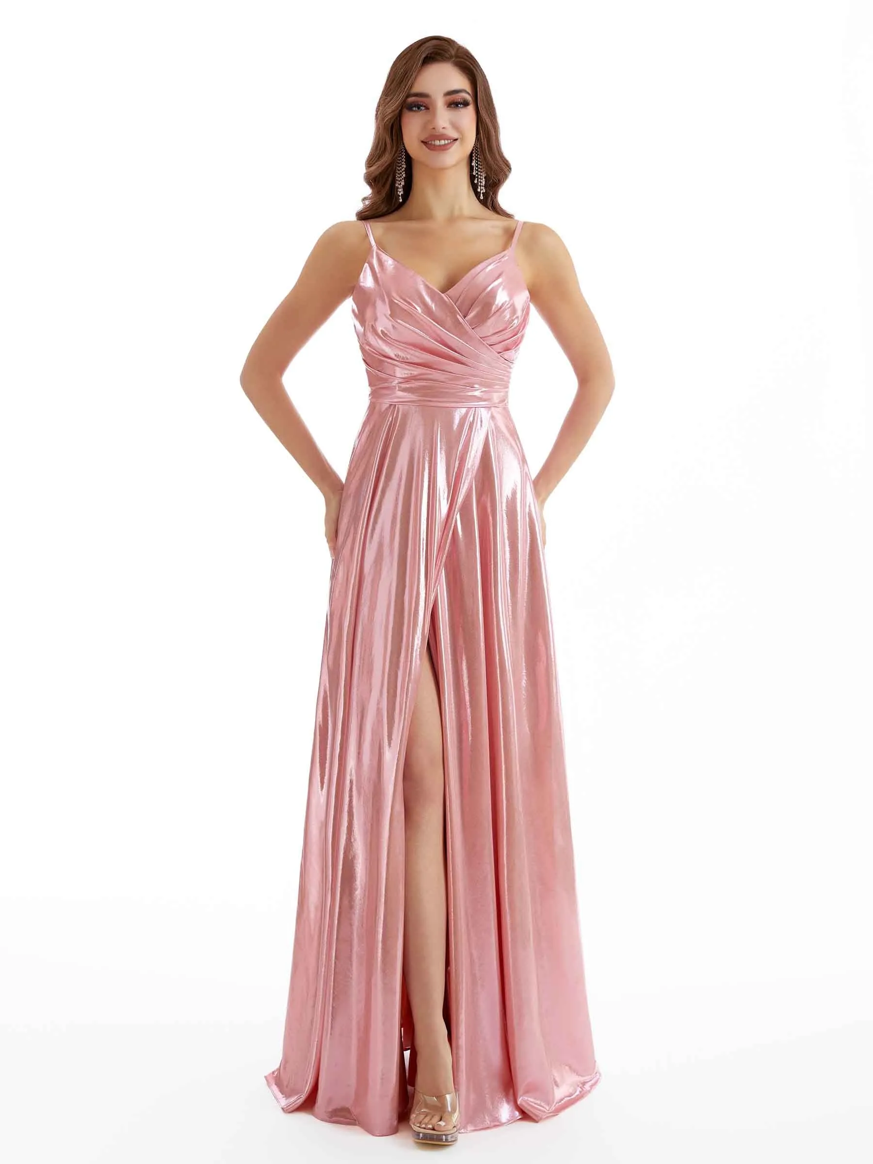 Sexy Mermaid Spaghetti V-Neck Metallic Stretch Shiny Fabric Long Wedding Guest Dresses sold by ChicSew