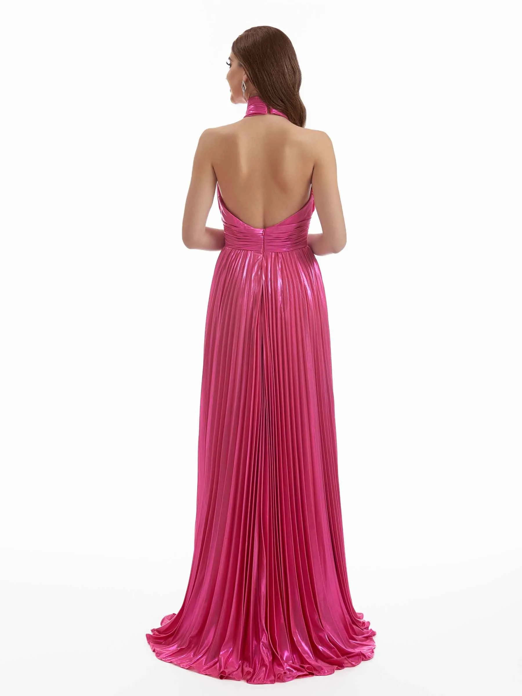Sexy Side Split A-Line Halter Open Back Metallic Stretch Shiny Fabric Long Wedding Guest Dresses sold by ChicSew product image thumbnail 4