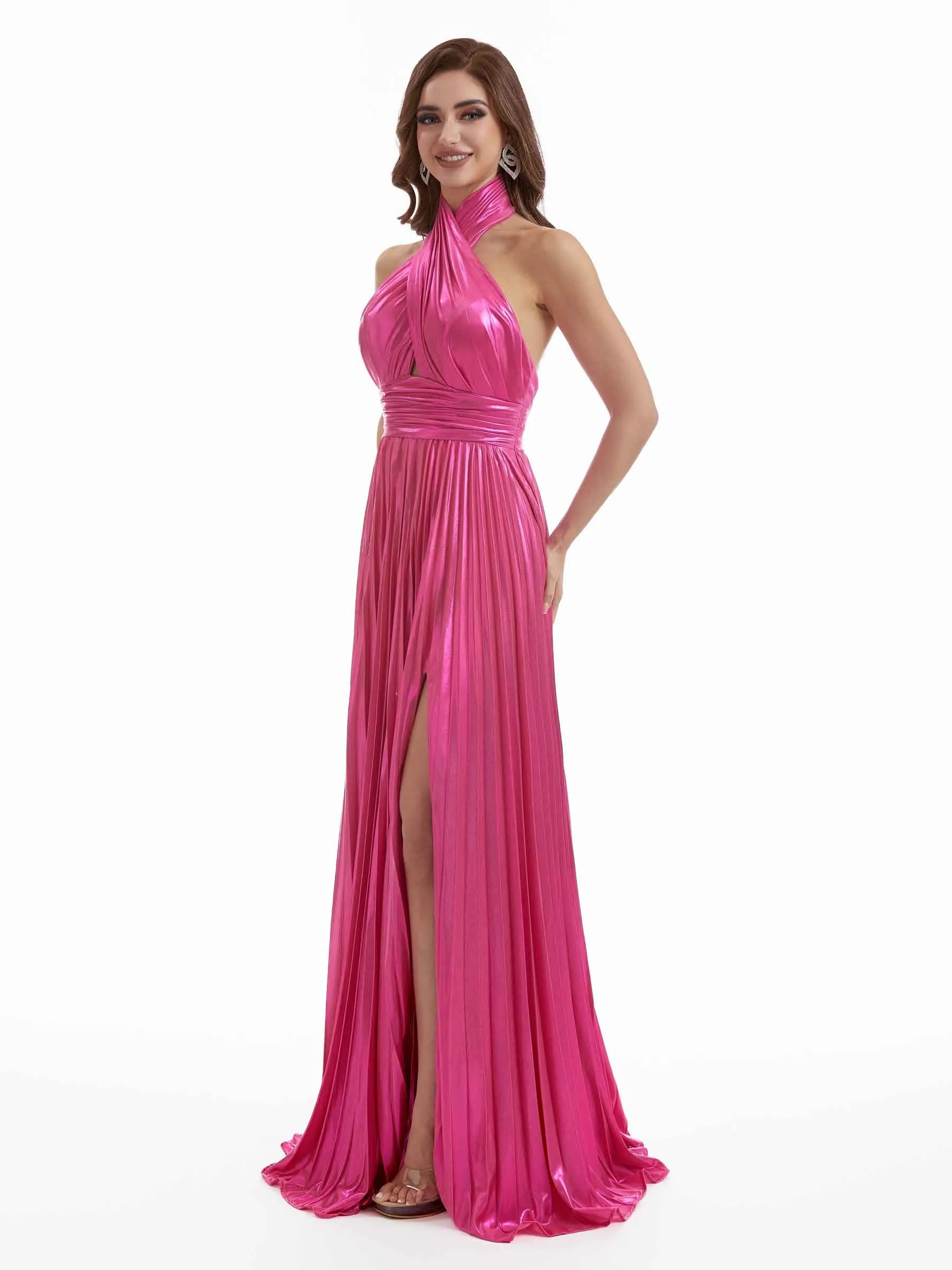 Sexy Side Split A-Line Halter Open Back Metallic Stretch Shiny Fabric Long Wedding Guest Dresses sold by ChicSew product image thumbnail 3