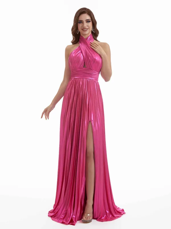 Sexy Side Split A-Line Halter Open Back Metallic Stretch Shiny Fabric Long Wedding Guest Dresses made by ChicSew
