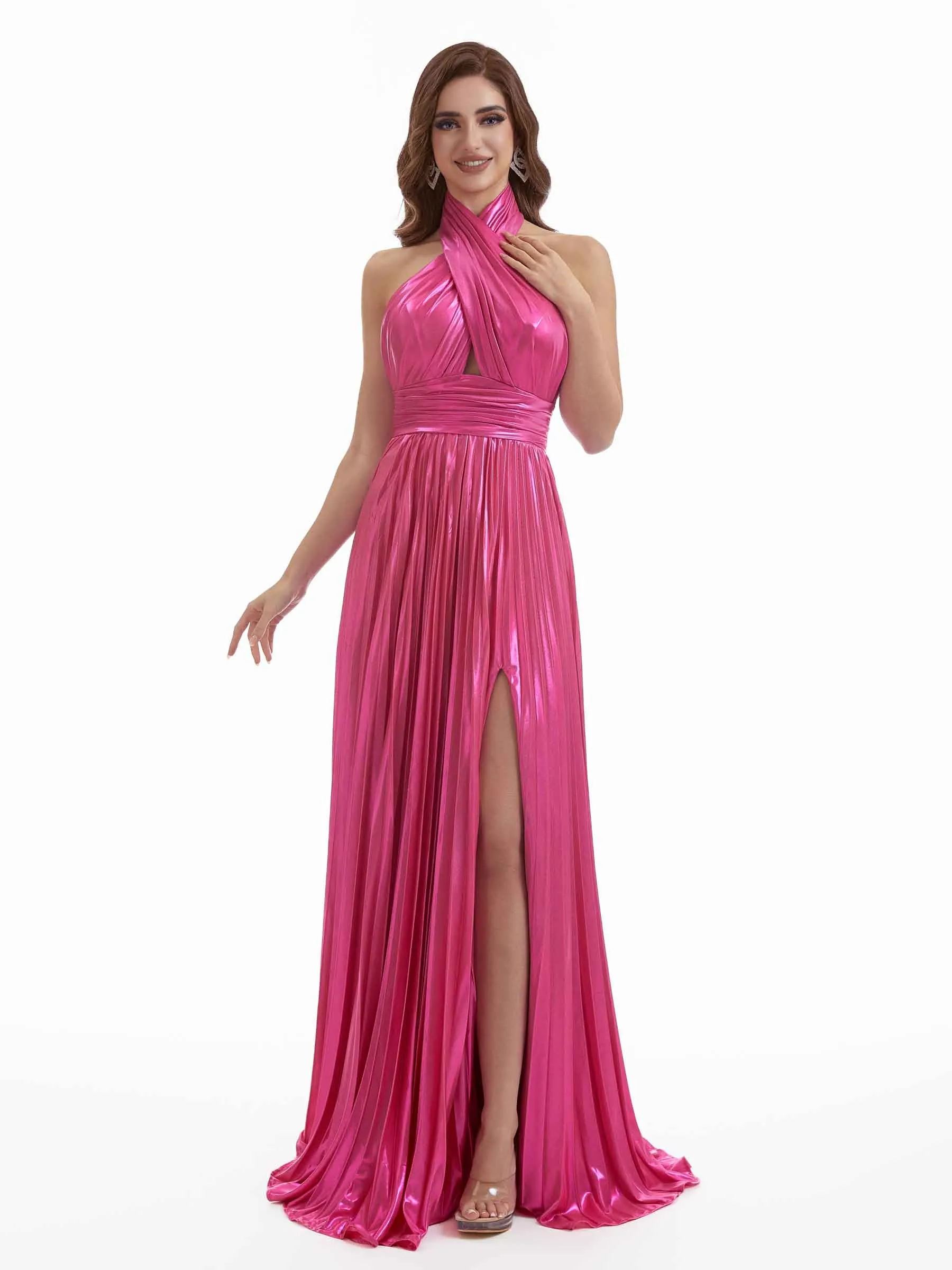 Sexy Side Split A-Line Halter Open Back Metallic Stretch Shiny Fabric Long Wedding Guest Dresses sold by ChicSew