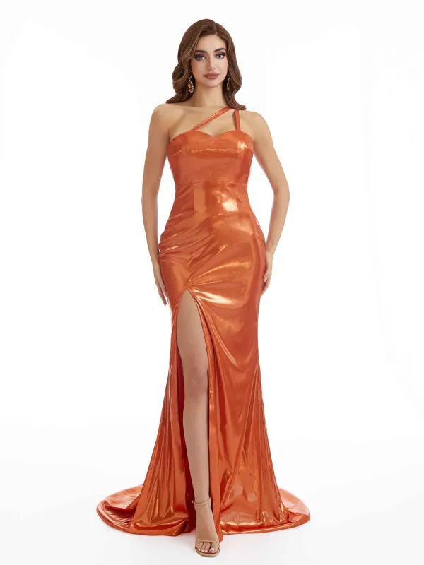 Sexy Side Split Mermaid One Shoulder Sparkly Metallic Maxi Dresses Online made by ChicSew